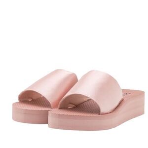 Pink Satin Strap Open Toe Slip On Wedge Slider Sandals NEW